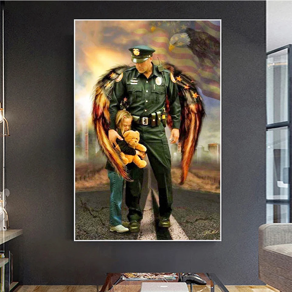 Направи си САМ 5D Диамантена картина на Полицията и деца Пълна диамантена бродерия Герой, който защитава света на Картини от страз Декор