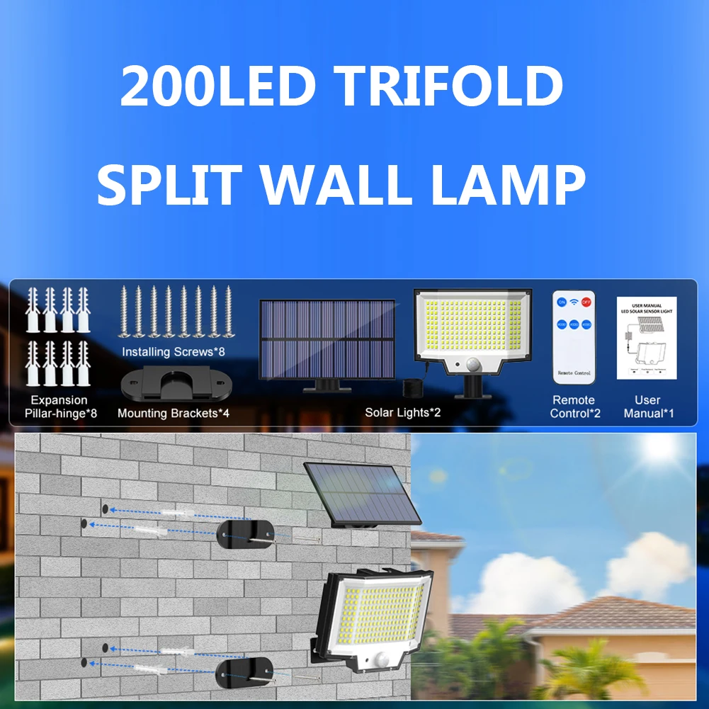 200LED Trifold, точка осветление за сигурност на слънчеви батерии, IP65, Водоустойчив Слънчева спортна лампа, Защита от падане двор, Гараж, веранда, двор
