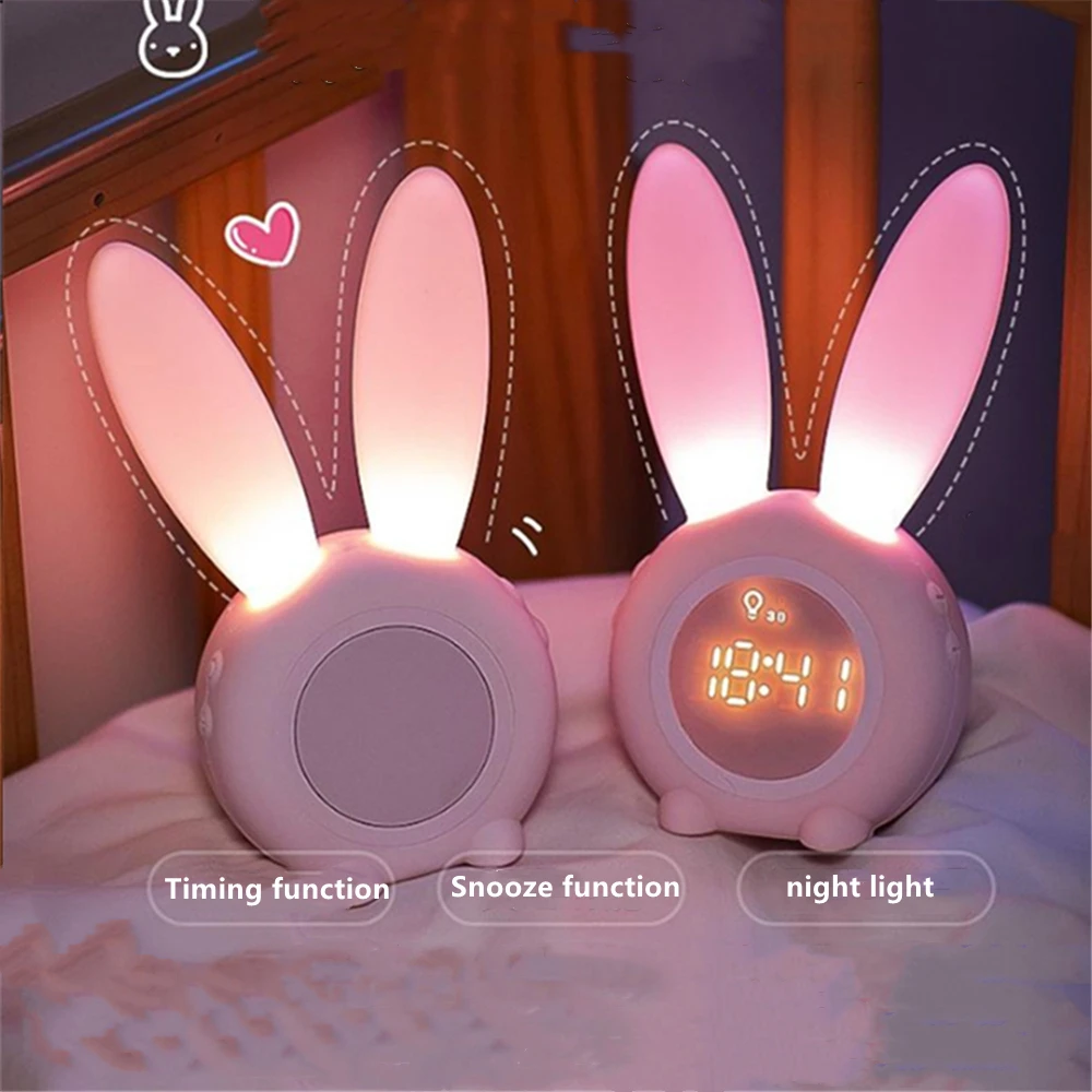 Digital alarm clock повторете за деца, Е-USB зареждане, Управление на звука, нощна лампа във формата на заек, Настолен будилник в спалнята с хронометражем