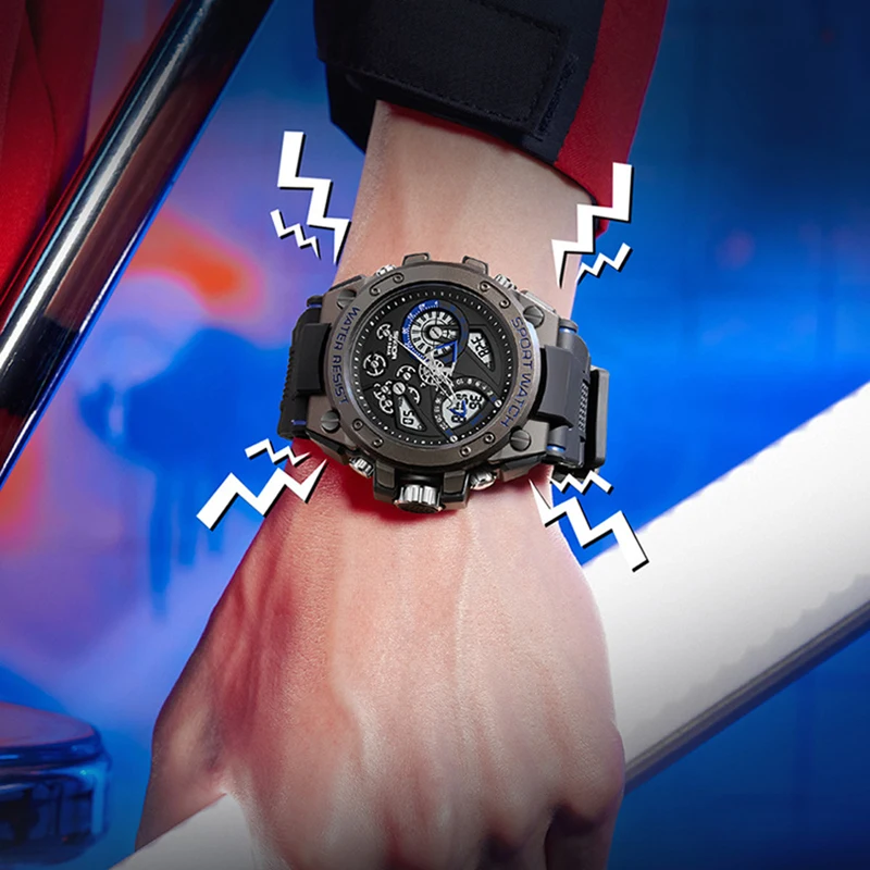 UTHAI CE131 Многофункционални електронни часовници с двоен дисплей за улицата, Ежедневни модни Водоустойчив Светещи спортни мъжки часовник