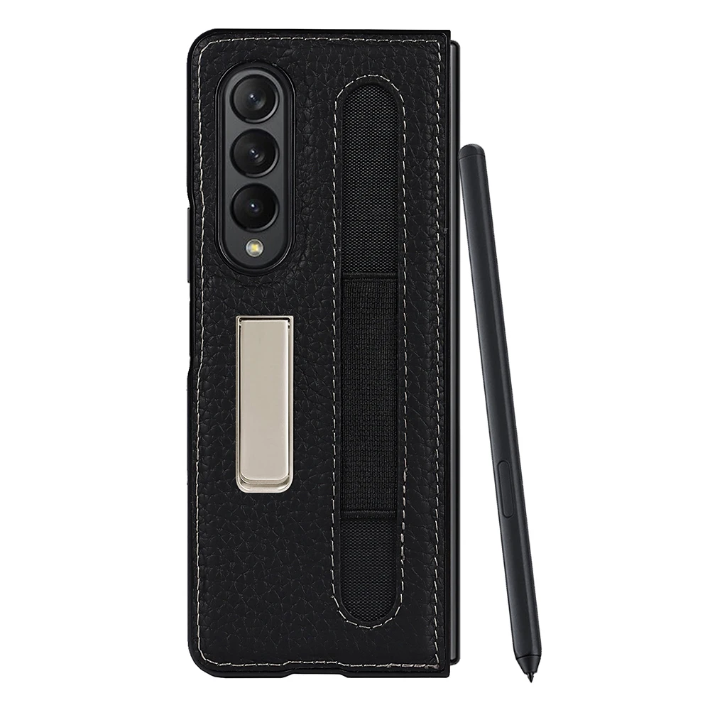 Кожен Калъф за Samsung Z Fold 3 Калъф за мобилен телефон Fold 3 5G със Защита от падане, джоб за Химикалки с Шарени Личи, Кожен Скоба, Защитната Обвивка
