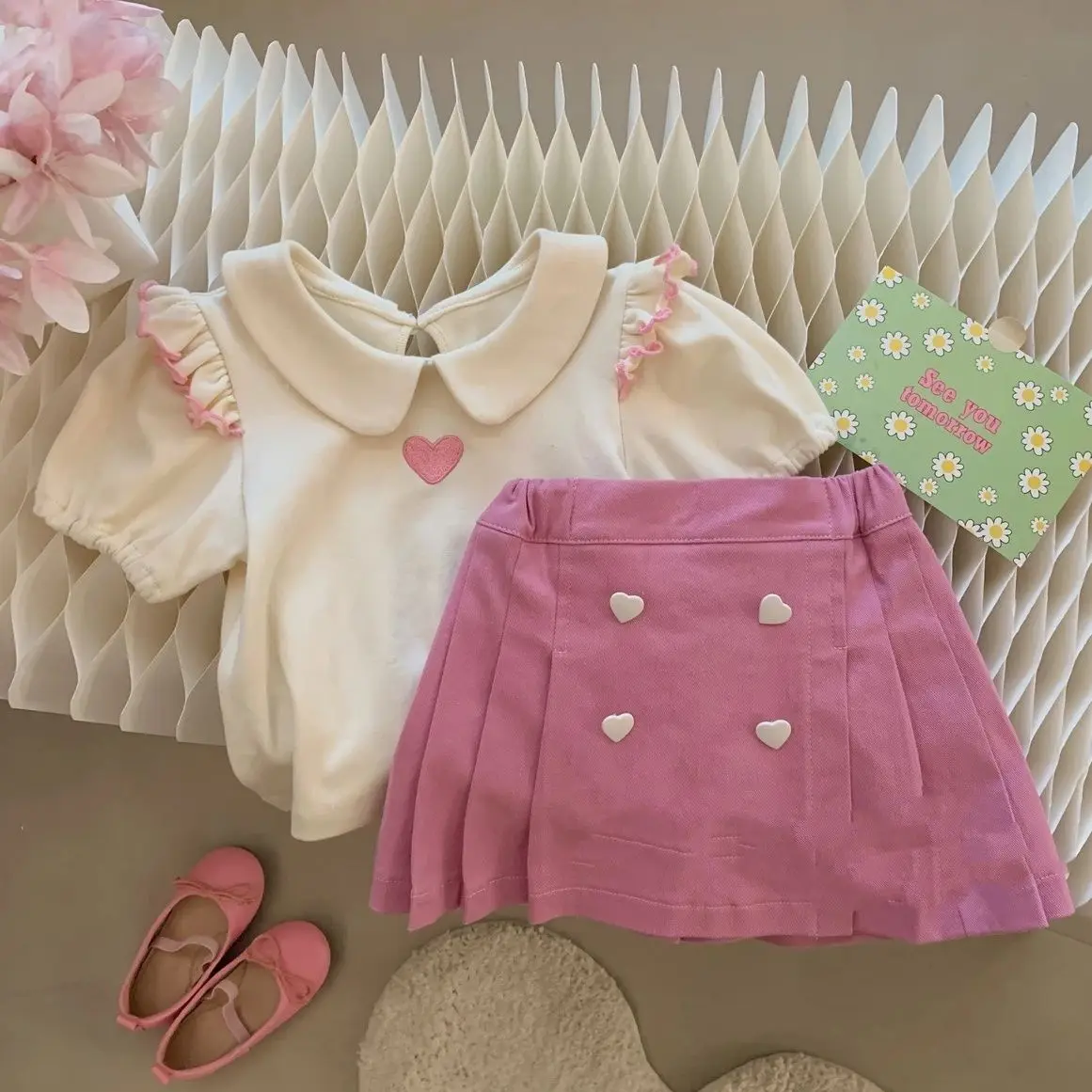 2023 Сладки Летни бебешки комплекти Принцеса от корейски мек памук с къс ръкав, Тънка мода за момичета, дрехи за малките момичета