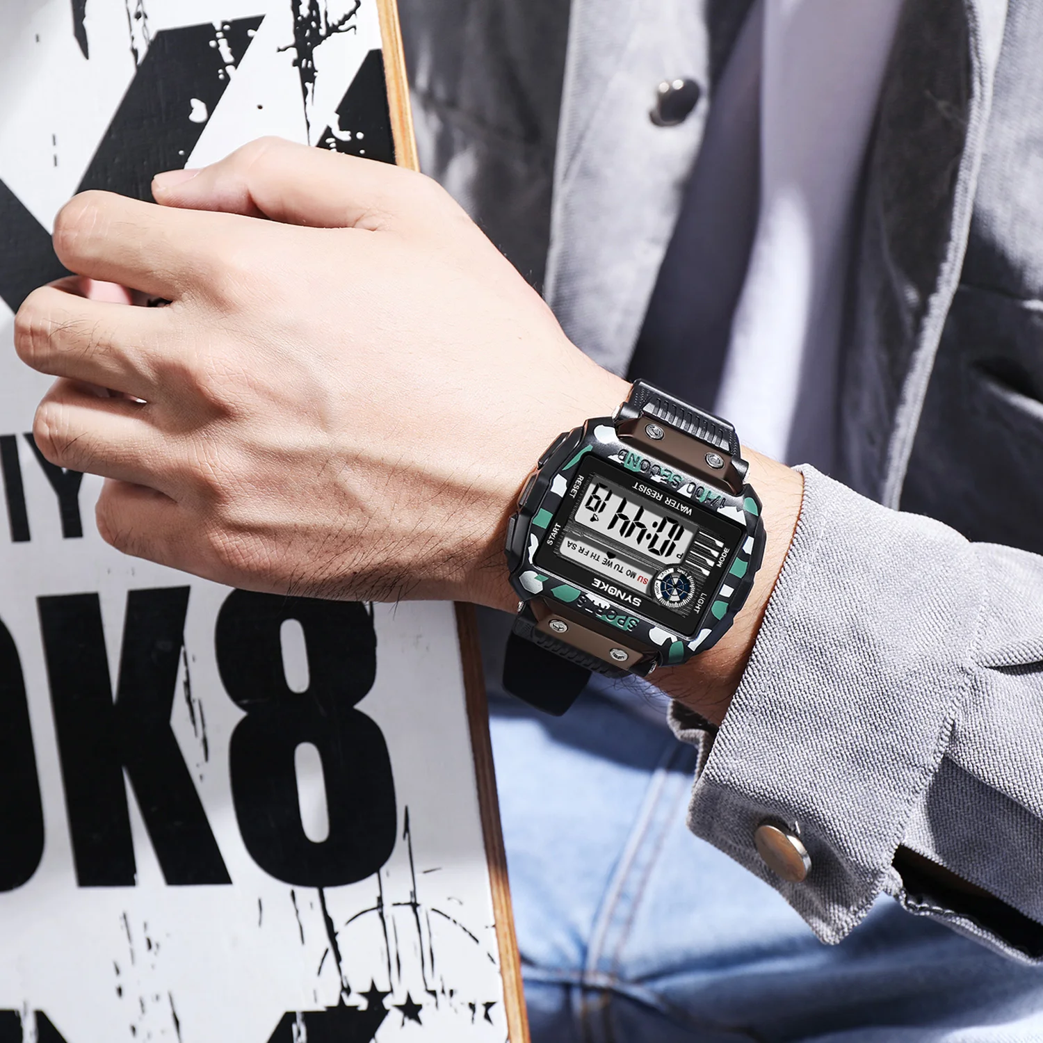 SYNOKE Нови мъжки спортни електронни часовници с голям екран 5ATM, водоустойчиви цифрови часовници, спортни часовници за мъже, мултифункционални ръчни часовници