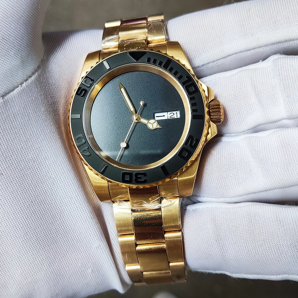 Луксозни златни Съвсем нови Мъжки часовници 40 мм Автоматични механични часовници С сапфирено стъкло Водоустойчив