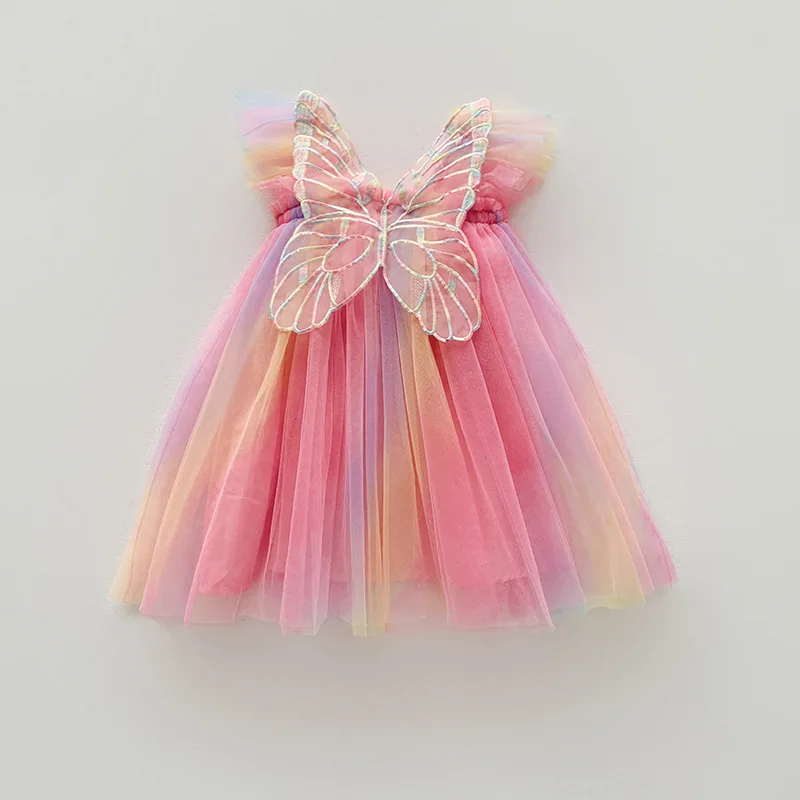 Нови Мрежести рокли с дъга крила за момичета, Лятна рокля на принцеса с цветове, с дълъг ръкав, Детски пищната пола, Детско Празнично облекло за рожден Ден