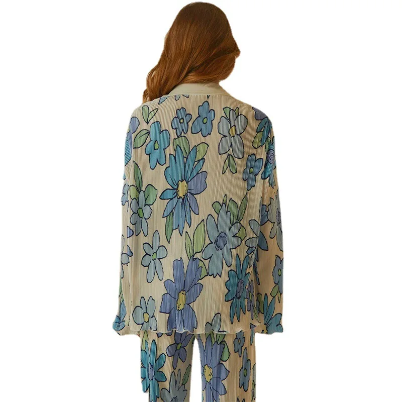 Комплект от две части с флорални принтом, Женска риза в сгъвката с дълъг ръкав и по-широки панталони и Шикозни прави панталони с висока талия, модерен комплект
