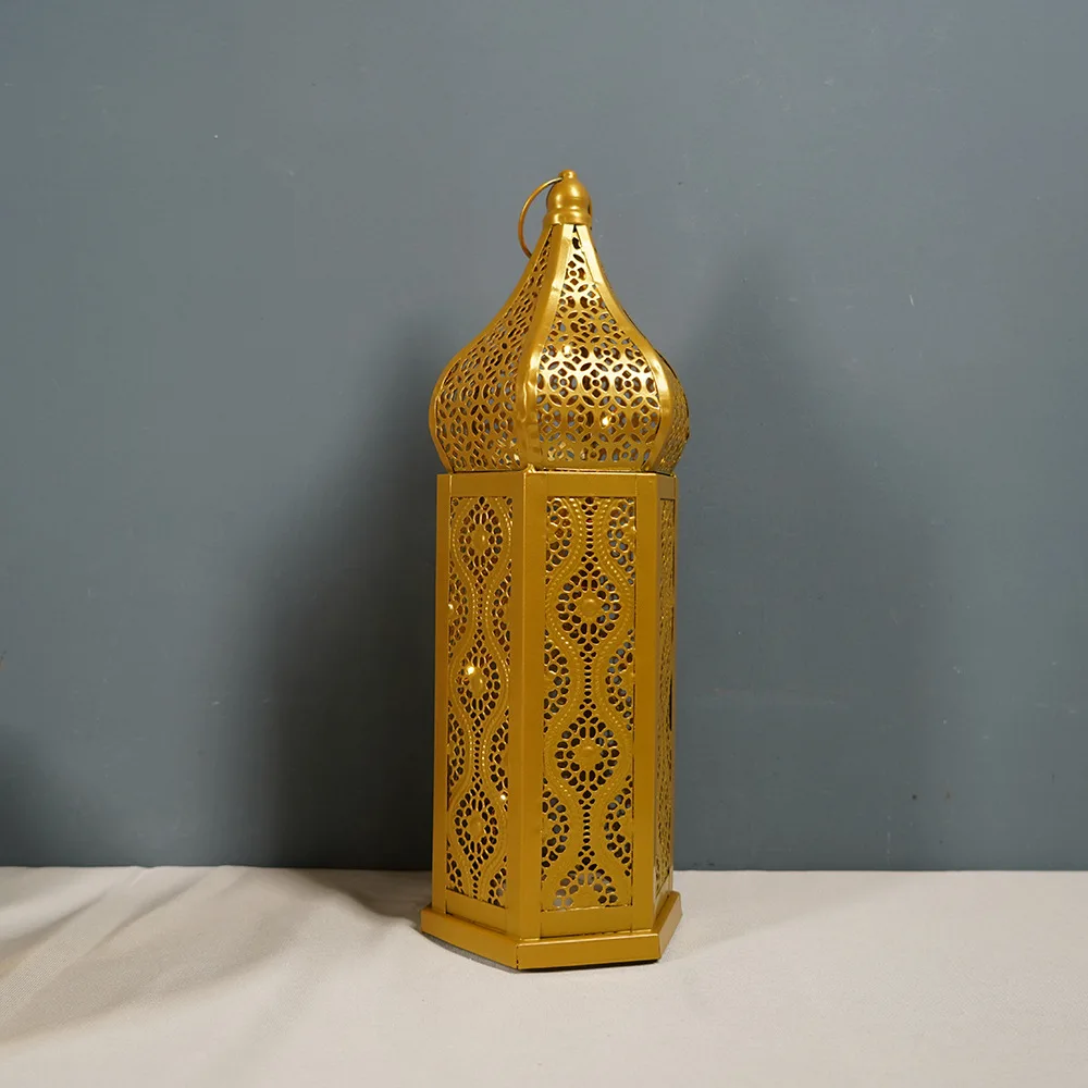Нова желязна художествена позлатен вятърна лампа, кухи Марокански фенер, Украса за дома, художествени проекти, с подпори