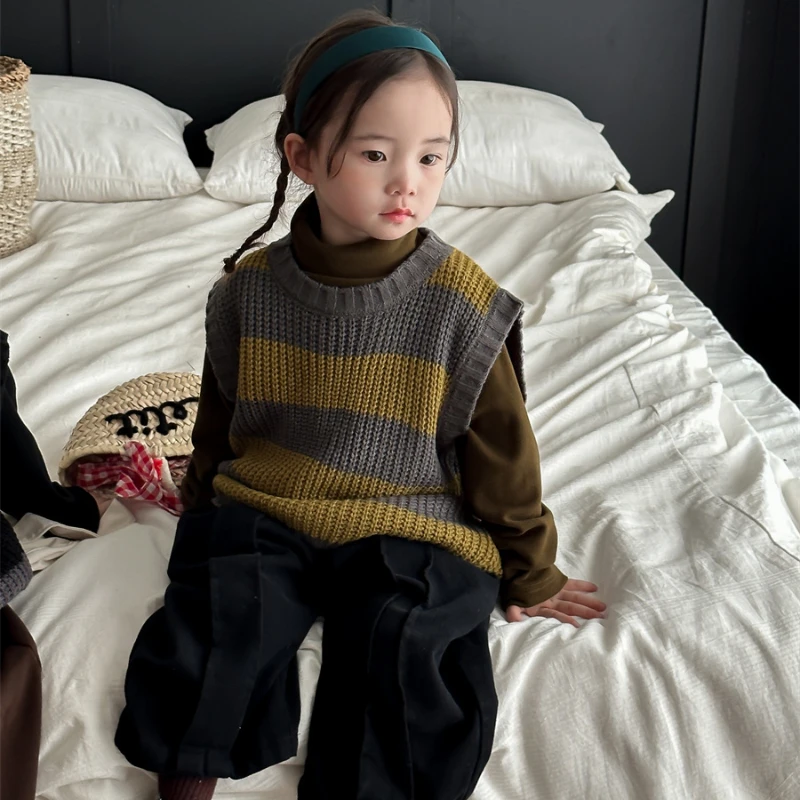 Корейска детска есен облекло, вязаный жилетка, трикотажная дрехи за момчета и момичета, пуловер райе без ръкави, детски вязаный жилетка, детски дрехи