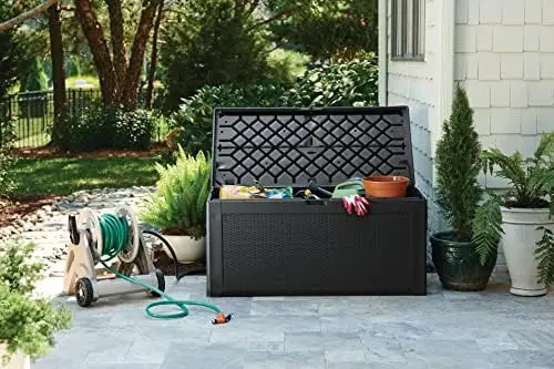 Кутия за съхранение на открито от смола, 74 литра, въглен, с декоративен модел на плетене на кошници, за дом/градина/басейн/двор/за косене на трева