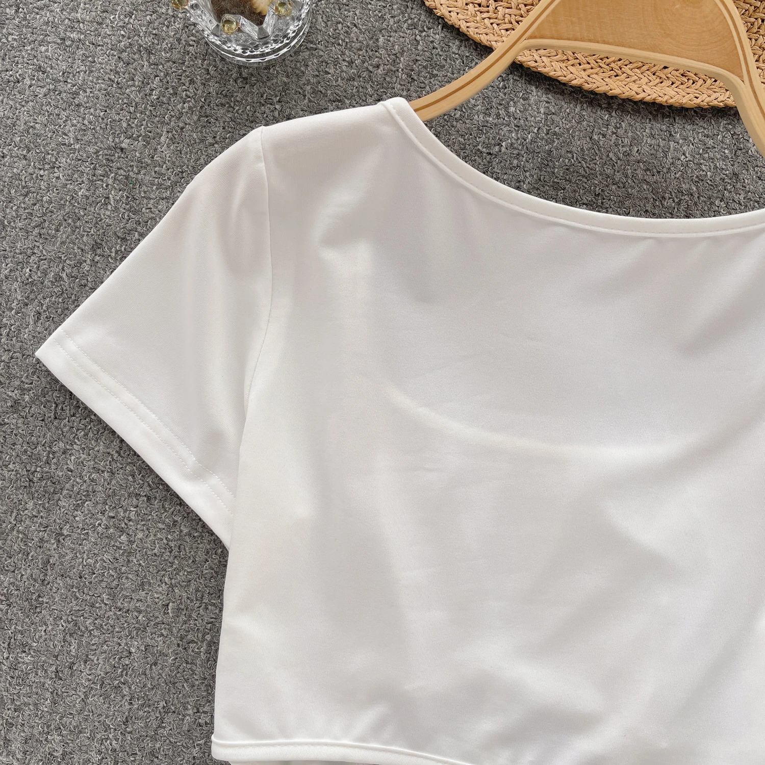 Модни однотонная тениска с къс ръкав, Дамски лятна тениска с квадратни деколтета, Нередовна Секси Бели потници, дамски