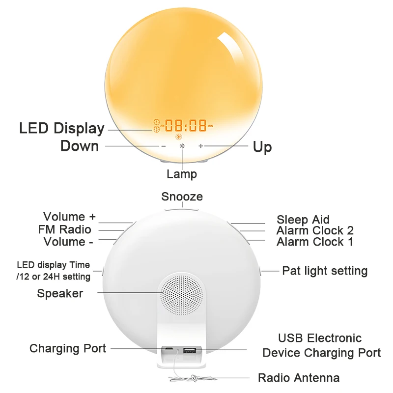 Светлинна аларма с функция събуждане, USB-Имитация на изгрев и залез на слънцето, Повторение, Цифров часовник с аларма, FM радио, нощна светлина в 7 цвята, Естествени звуци