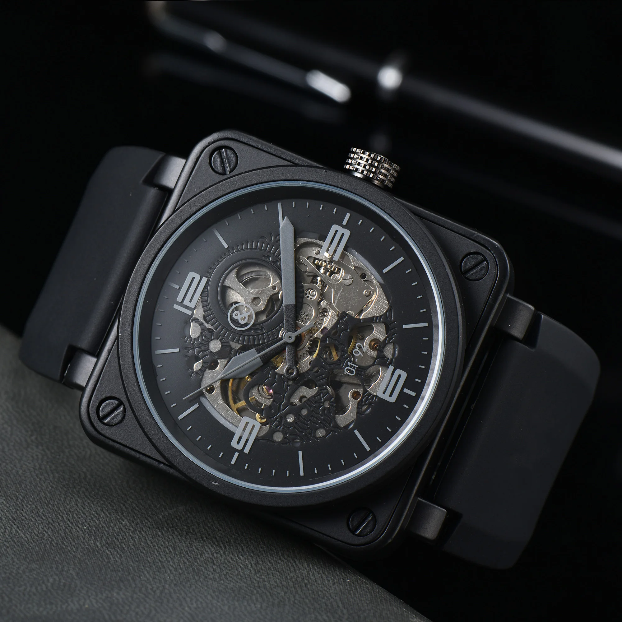 Оригинални Маркови Мъжки Автоматично механичен часовник с Камбана, Кафява Кожа, Черна гума Ross, 46 мм, Выдалбливают ААА, Голям циферблат, мъжки часовник
